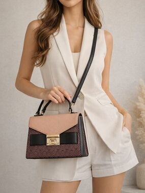 Structured Top-Handle Satchel Handbag in Blush and Dark Brown
